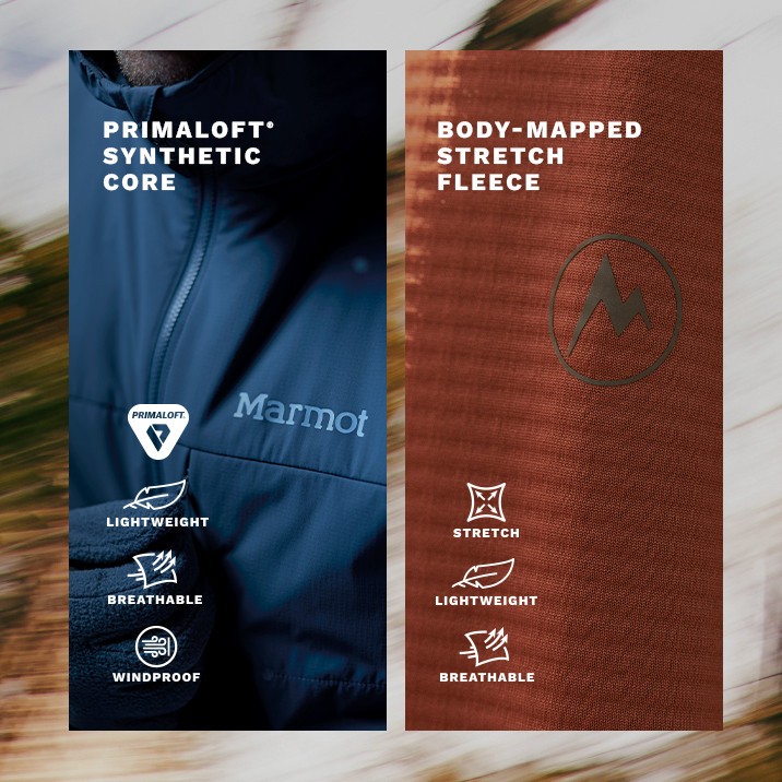 PrimaLoft synthetic core and body-mapped stretch fleece performance details.