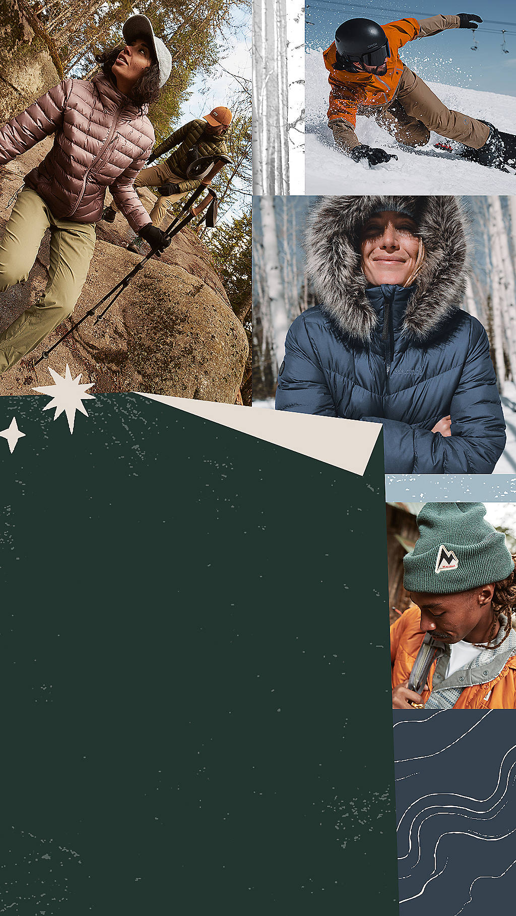 Marmot winter outerwear and trail layers arranged as a holiday gift guide collage